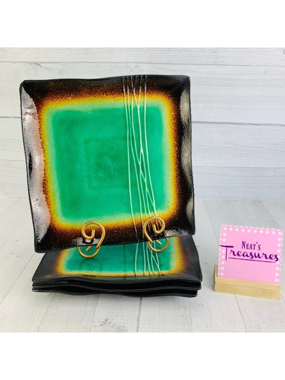Baum Brothers GALAXY JADE Square Brown Trim Green Wavy Line Dinner Plates Set 4